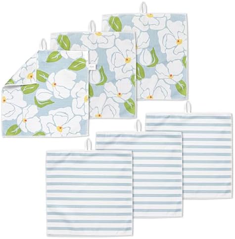ELYN Microfiber Kitchen Dish Cloth Set, Quick-Dry & Absorbent Waffle Weave Cleaning Towels, Set of 6 Wash Cloths, Paper Towels & Sponge Alternative (Magnolias & Stripe) by ELYN