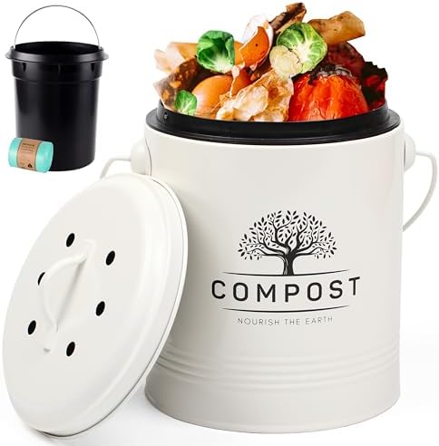 Perfnique Kitchen Compost Bin, 1.3 Gallon Countertop Compost Bin with Lid, Indoor Compost Bucket Includes Inner Bucket Liner and Carbon Filter, Small Compost Bin with Trash Bags (with Bags, Cream) by PERFNIQUE