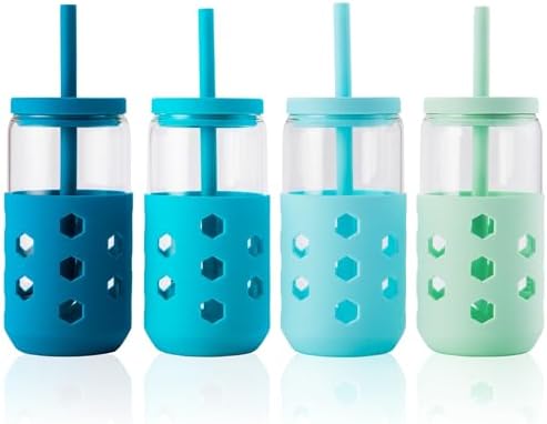 Mrsdry 16 oz Glass Cups with Lids and Straws for Gift, 4-Pack, Blue by Mrsdry