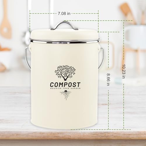 Kitchen Countertop Compost Bin, Odor Resistant Indoor Compost Bin with Lid and Charcoal Filter, Rust Resistant Coated Compost Bucket, Compost Container, Cream - Image 2
