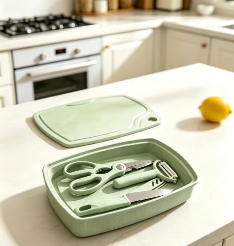 ZeQi 5-in-1 Cutting Board, Knife, Peeler, Scissors and Tray Set/Travel, Camping/Outdoor, Dorms/Small Cutting Boards/BPA Free/Dishwasher Safe-Mint Green - Image 5