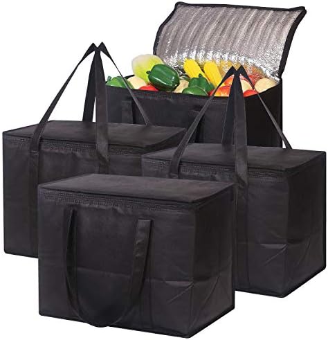 Set of 4 Large Insulated Reusable Grocery Bags with Sturdy Zipper and Handles, Foldable Washable Heavy Duty Cooler Totes for Hot or Cold Food Delivery, Groceries, Travel, Shopping by DIOMMELL