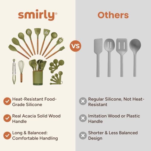 SMIRLY Silicone Kitchen Utensils Set, 22-Piece Acacia Wood Handle, Green - Image 6