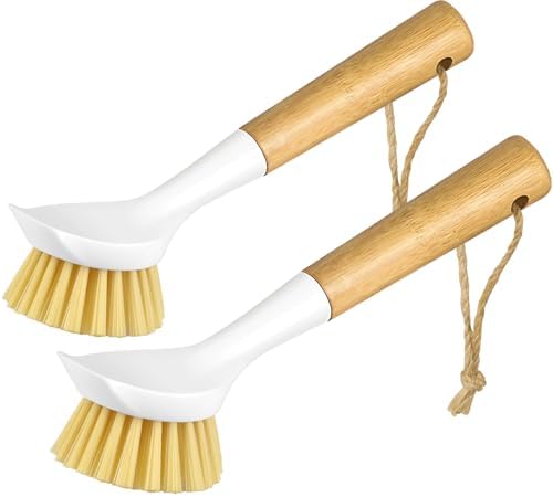 Dish Brush Set with Bamboo Handle, Kitchen Brushes for Cleaning Pot, Sink and Stove, Skillet Scrubber with Tough Bristles for Cast Iron Grill Pan, 2 Pack by SOGCASE