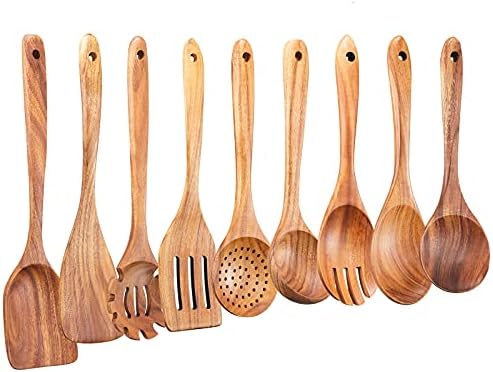 Wooden Kitchen Utensils Set,GUDAMAYE 9 PCE Natural Teak Wooden Spoons For Non-stick Pan for Cooking, by Gudamaye-WoodenUtensilsSets