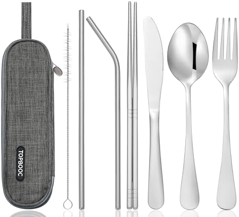 Travel Stainless Steel Utensils Set with Case – 8-Piece Reusable Flatware Kit Includes Fork, Knife, Spoon, Chopsticks, Straws, Brush & Bag – Portable Cutlery for Camping, Work, Picnic (Silver) by Topbooc