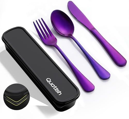 Quatish Travel Utensils with Case, Stainless Steel Cutlery Set, Purple by Quatish