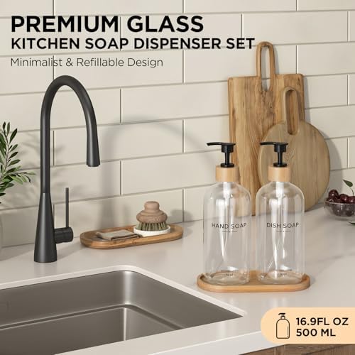 Hand and Dish Soap Dispenser Set,16oz Glass Bottles with Bamboo Pumps & Tray,Countertop Soap Dispensers for Kitchen,Luxury, Minimalist & Farmhouse Decor - Image 2