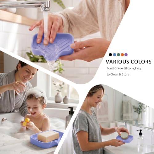 MicoYang Silicone Soap Dish with Drain Spout, Self-Draining Sink Organizer Tray for Bathroom & Kitchen, Sponges, Dispensers & Soap Holder, Non-Slip & Dishwasher Safe, Light Purple (Compact, 4.9"×3.2") - Image 4