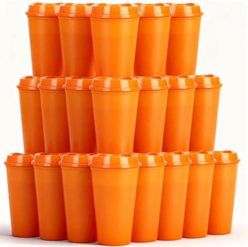 20 Pack Reusable Coffee Cups with Lids 16 oz Plastic Tumblers Travel Mug Iced Coffee Cup for Adults and Women Hot and Cold Drinks, Microwaveable(Orange) by Alohastarttg