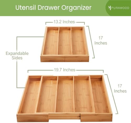 Purawood Kitchen Drawer Organizer, 2 Pack - Expandable Utensil Drawer Organizer for Kitchen, Cutlery Tray & Silverware Organizer, 3-5 Slots - Bamboo Organizer for Utensils & Flatware (Natural) - Image 2