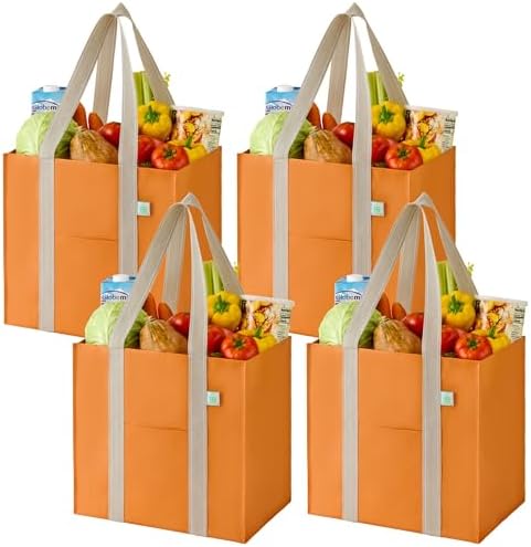 VENO 4 Pack Large Autumn Reusable Grocery Shopping Bags with Hard Bottom by Veno