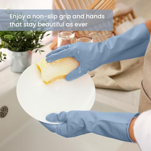Rubber Cleaning Gloves for Dishwashing, 4 Pairs Reusable Kitchen Gloves for Washing Dishes and Household Cleaning, Blue Dish Gloves with Flocked Lining and Non-Slip Grip, Pefect for Woman Men - L - Image 3