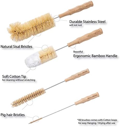 4 Pcs Bamboo Bottle Brush Set by HELLO NATURE – Long Handle Cleaning Brushes for Water Bottles, Baby Bottles & Glassware, Sustainable & Plastic-Free - Image 7