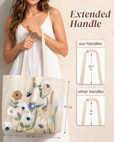 Floral Embroidery Canvas Tote Bag with Magnetic Closure for Daily - Image 2