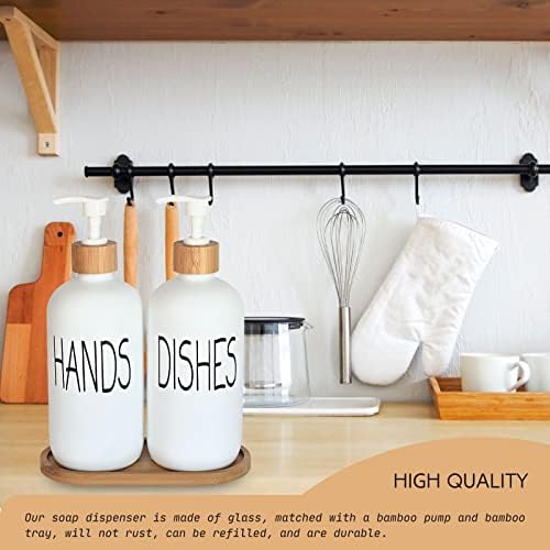 Glass Soap Dispenser Set - Hand Soap and Dish Soap Dispenser with Bamboo Tray. Vintage Soap Dispenser with Pump for KitchenKitchen Drain Outlet and Bathroom. Stylish Permanent Labels (Matte White) - Image 4