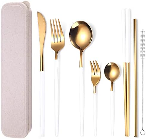 AARAINBOW 8 Pieces Stainless Steel Flatware Set Portable Reusable Cutlery Set Travel Utensils Set Including Chopsticks Knife Fork Spoon Straws Cleaning Brush Dishwasher Safe (White Golden) by AARAINBOW
