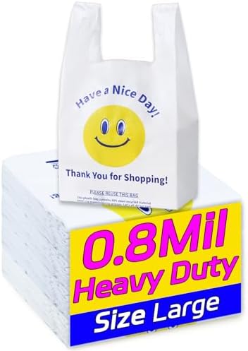 YovhVon 0.8Mil(20 Microns), 50 Count, Plastic Bags with Handles, T-Shirt bags, Thank You bags, Shopping Bag, Grocery Bag, |for Store, Carry, Pack|, White, 1/6 Barrel, Large 11"x6"x21", Heavy Duty by YOVHVONPLASTICBAGS