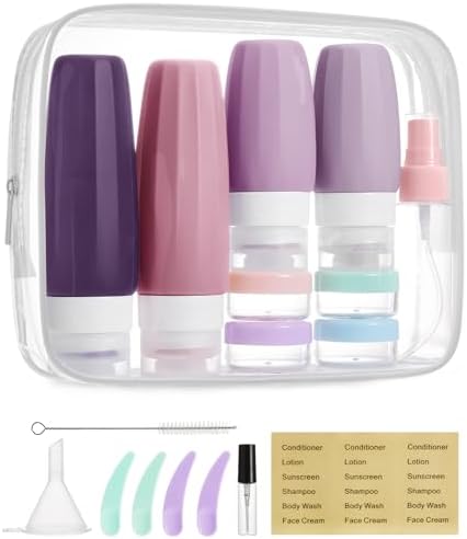 BAGSMART 18 Pack TSA Approved Travel Bottles for Toiletries, Leak Proof Silicone Travel Size Containers Bottles for Shampoo, Purple by BAGSMART