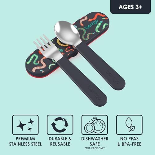 Bentgo Kids Stainless Steel Utensil Set - Reusable Fork, Spoon & Storage Case, PFAS- & BPA-Free, Easy-Grip Handles, Lightweight, Dishwasher Safe, School Lunch, Travel & Outdoors (NEW Sssnakes) - Image 3