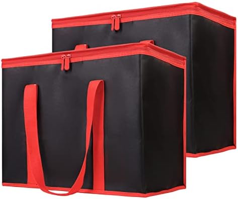 Bodaon 2-Pack Insulated Reusable Grocery Shopping Bags, X-Large Picnic Cooler Bag with Zipper Zippered Top Cold, Black with Red Edge by Bodaon