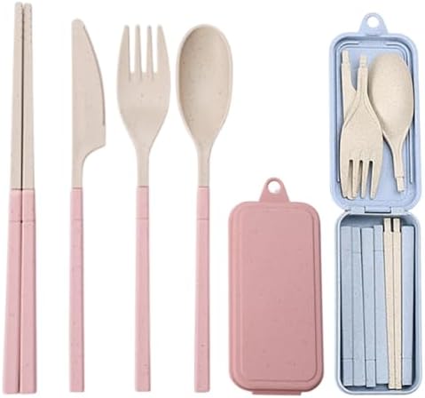Ouliget Collapsible Reusable Utensils Set with Portable Case,Wheat Straw Utensils Include Spoon Knife Forks Chopsticks,Portable Cutlery for Travel Picnic Camping,2 Pieces by OULIGET