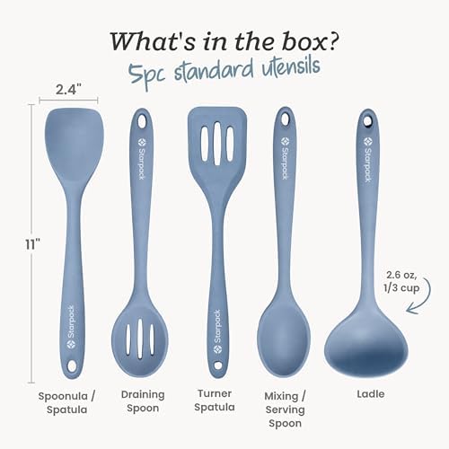 Starpack Stir and Serve Silicone Cooking Utensils Set (5-Piece, 11") - LFGB Non Toxic, 600°F Heat Resistant, BPA-Free - One-Piece Seamless, Dishwasher Safe - for Nonstick Cookware, Light Blue - Image 3
