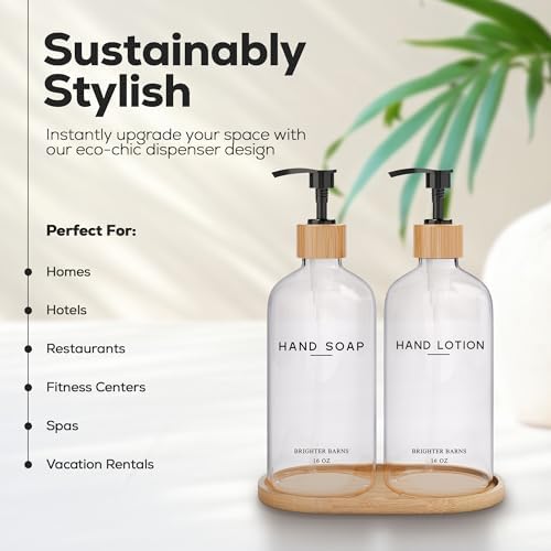 Clear Glass Soap and Lotion Dispenser Set with Tray by Brighter Barns - Hand Soap Dispenser Bathroom Set - Liquid Soap Dispenser and BPA-Free Pump - Neutral Home Decor & Modern Bathroom Accessories - Image 2