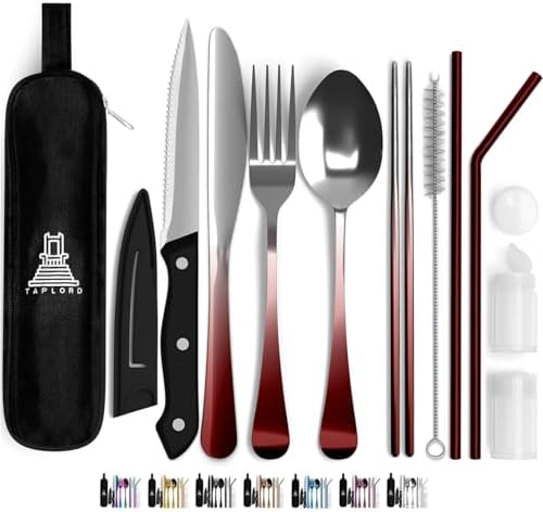Taplord Portable Travel Silverware Set With Case - Includes 10 Pcs of Utensils, Stainless Steel Flatware For Camping, Easy to Travel, Lightweight (Red Two Tune) by Taplord