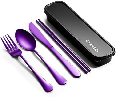 Quatish 5 Piece Travel Utensils with Case, Portable Cutlery Set, Purple by Quatish