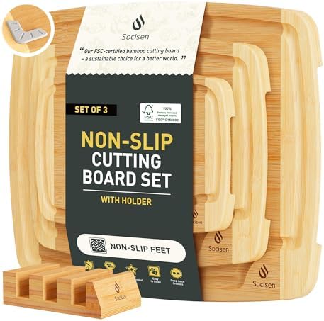 Bamboo Cutting Board Set Non Slip Feet with Holder Over Sink Tablas Para Picar Cocina Tabua Madeira Corte Carne Bambu Alimentos Cortar Madera Juego Regalos Cumpleaños Navidad Mujer Mama Abuela Papa by Socisen
