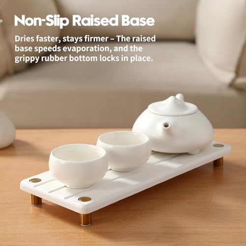 Razborci Instant Dry Sink Caddy Kitchen Sink Organizer, Quick Drying Diatomaceous Earth Stone Sink Tray Sponge Holder Soap Dish, Bathroom Countertop Vanity Dispenser Toothbrush, Gold White, 10" x 4" - Image 5