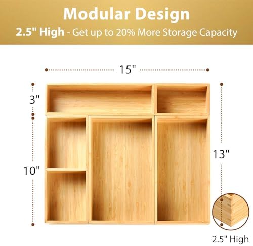 Umilife Drawer Organizer Storage Boxes, 2.5" High Bamboo Drawer Dividers, 5 Rearrangeable Bins for Kitchen, Office Desktop, Clothing, Makeup, vanity, Jewelry - Image 2