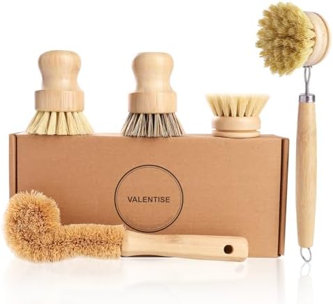 Bamboo Dish Brush Set - 5 Packs Natural Wooden Kitchen Brush, 4 Dish Scrubbers with One Replacement Head, Cleaning for Pots, Bottles and Vegetables by VALENTISE