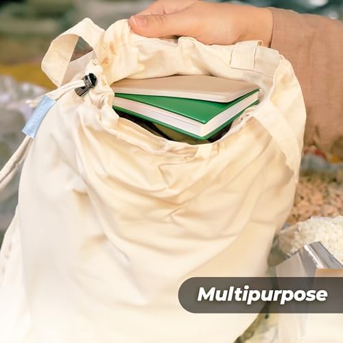 purifyou Set of 9 Mini Tote Bags with Drawstring, Reusable Organic Cotton Canvas Bags for Grocery Shopping, Dry Goods, Beach Essentials, Storage, and Travel, Washable (Large, XL) - Image 5