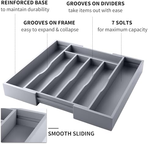 Expandable Bamboo Kitchen Drawer Organizer for Cutlery and Utensils, Adjustable Bamboo Wood Cutlery Tray in Drawer for Flatware and Silverware in Kitchen, (Grey) - Image 5