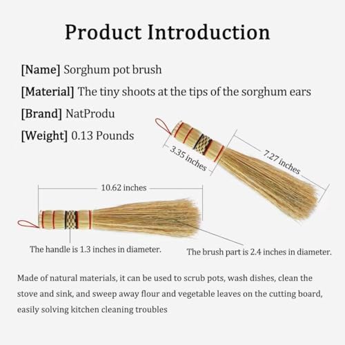 2-piece Set of Natural Long Handled Sorghum Pot Brush, Dishwasher Brush, Kitchen Cleaning Brush, Long Brush Head Suitable for Cleaning Flat Bottomed Pans, pots, Kitchen Sinks, and Vegetable Boards - Image 2