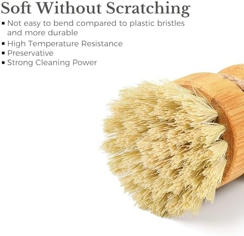 Bamboo Dish Scrub Brush for Kitchen Sink, Natural Wooden Washing Dish Brush Scrubber, Sisal Bristles Brush for Household Cleaning Cast Iron Brush Pots(Ceramic Dish+ 4P Sisal) - Image 3