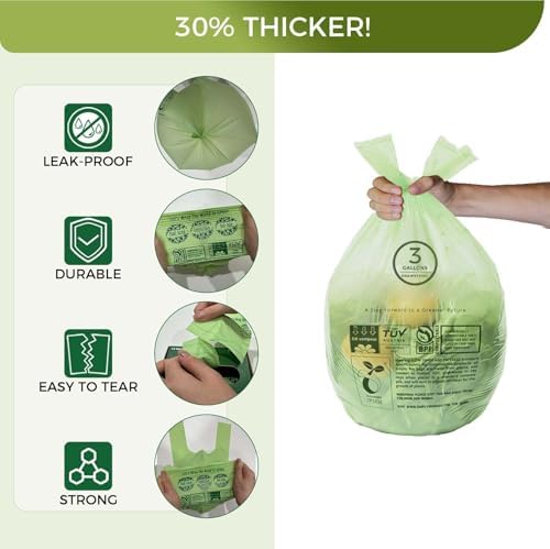 3 Gallon Compostable Trash Bags with Handle-Tie, Thick 0.67 Mil, 11.36 Liter, 80 Bags, Small Kitchen Food Scrap Waste Bag, ASTM D6400, US BPI and OK Compost Home Certified - Image 3