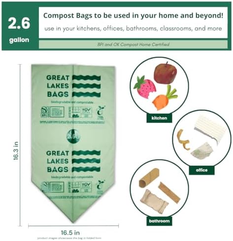 Great Lakes 2.6 Gallon Compostable and Biodegradable Trash Bag, 100 Count, Small Compostable Bag For Kitchen Food Scrap, Bathroom, Office, Certified by BPI and OK Compost Home - Image 2