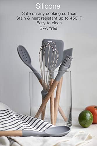 Country Kitchen Non Stick Silicone Utensil Set with Rounded Wood Handles for Cooking and Baking, 6 Piece Set, Gray - Image 3
