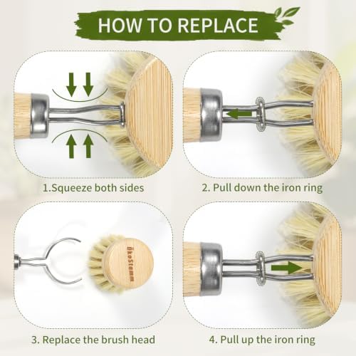 5 PCS Long Handle Bamboo Dish Brush with 2 Natural Dish Sponges - Image 7