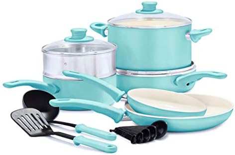 GreenLife Soft Grip Healthy Ceramic Nonstick 12 Piece Cookware Pots and Pans Set, PFAS-Free, Dishwasher Safe, Turquoise by GreenLife