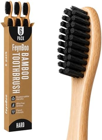 Bamboo Toothbrushes Hard Bristles 6 Pack - BPA Free Bristles Toothbrushes for Adults - Eco-Friendly, Natural Wooden Toothbrush (Light Brown, Black). by Unknown