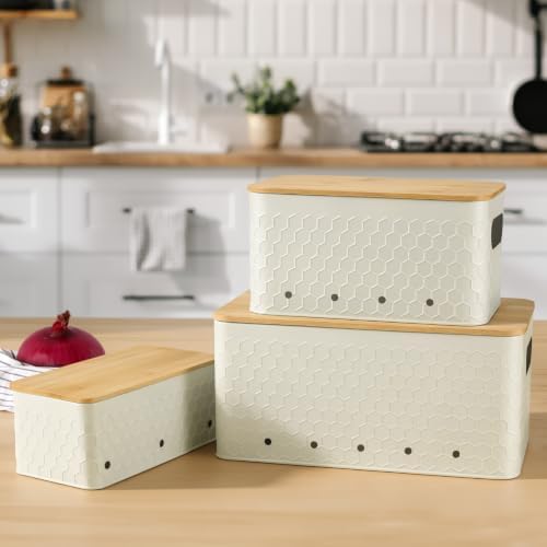 Kitchen Vegetable Storage Set of 3, Metal Onion Garlic Potato Storage Set, Kitchen Canisters Vegetable Keeper Containers with Aerating Holes and Bamboo Lid,Embossed Beige - Image 2