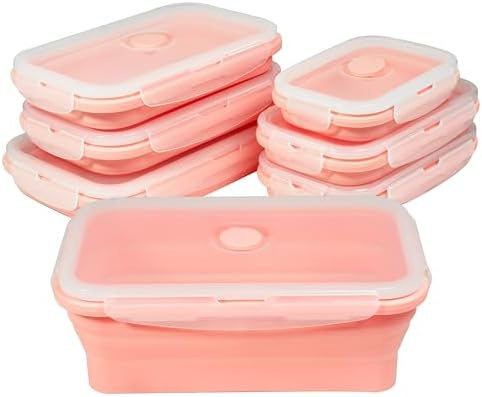 Plus 6PCS Foldable Silicone Food Storage Containers for Kitchen Storage for Leftovers Fruits and Meal Prep Dishwasher Safe Microwave Safe Ideal for Home and Travel (Pink, square) by TZCOBLI