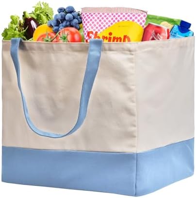 Reusable Grocery Bags Heavy Duty, 8.3 gal Foldable Large Canvas Tote Bag with Handles, Holds 60 lbs Canvas Shopping Bags, 1 Pack（Off White+Light Blue） by CNaiyunpin