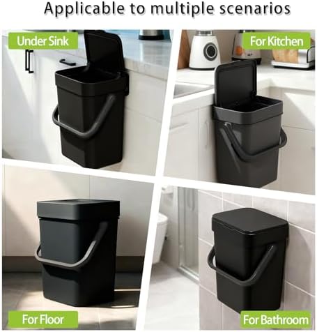Compost Bin Kitchen, for use on Countertops or Under Sinks, Hanging Trash Can with Lid, Mountable Indoor Compost Bucket, for Cupboard/Bathroom/Bedroom/Office/Camping (Black 0.8 Gallon/3L) - Image 7