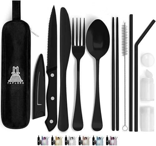 Taplord Portable Travel Silverware Set With Case, Includes 10 Pcs of Travel Utensils With Case, Stainless Steel Flatware Set For Camping, Lightweight (Black) by Taplord