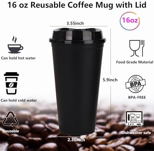 20 Pack Reusable Coffee Cups with Lids 16 oz Plastic Tumblers Travel Mug Iced Coffee Cup for Adults and Women Hot and Cold Drinks, Microwaveable (Black) - Image 2